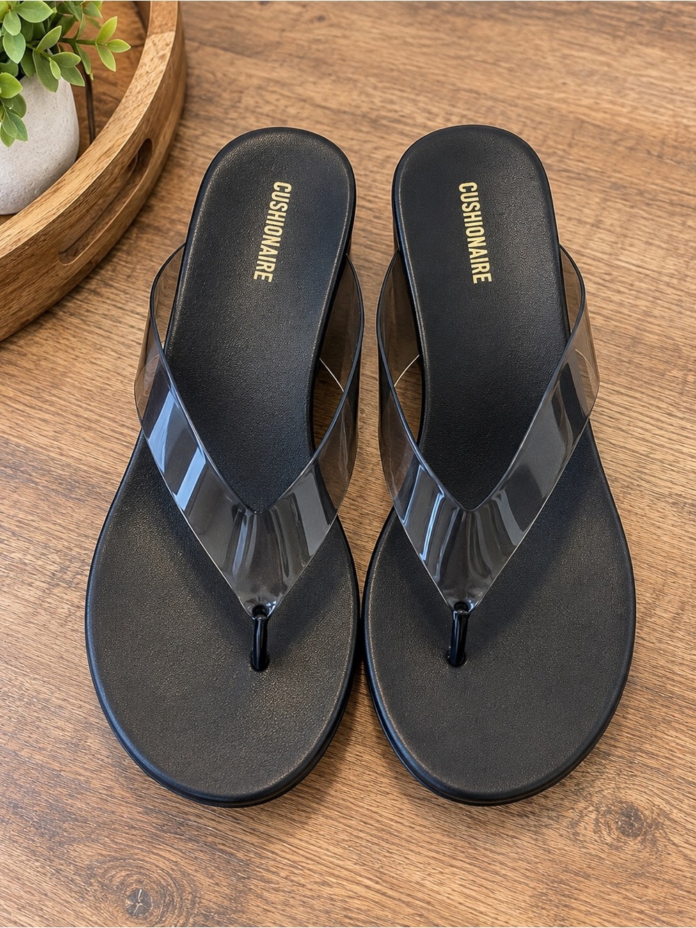 Cushionaire Black Sandals with Clear Vinyl Straps